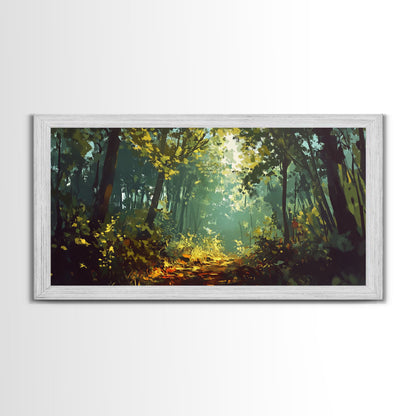 Forest Path, Sunlit Trees, Green Wall Art, Nature Landscape, Panoramic Painting, Rustic Wall Art, Framed Canvas Print