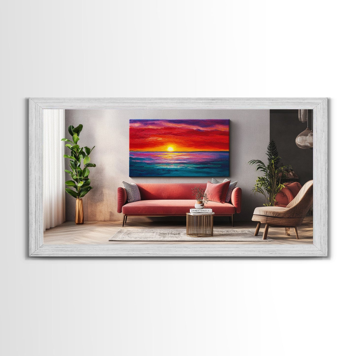 Rote Couch, Sonnenuntergangsgemälde, Kunst für über dem Sofa, Küstenwandkunst, Stranddeko, Panoramabild, gerahmter Leinwanddruck, Wohnzimmerkunst