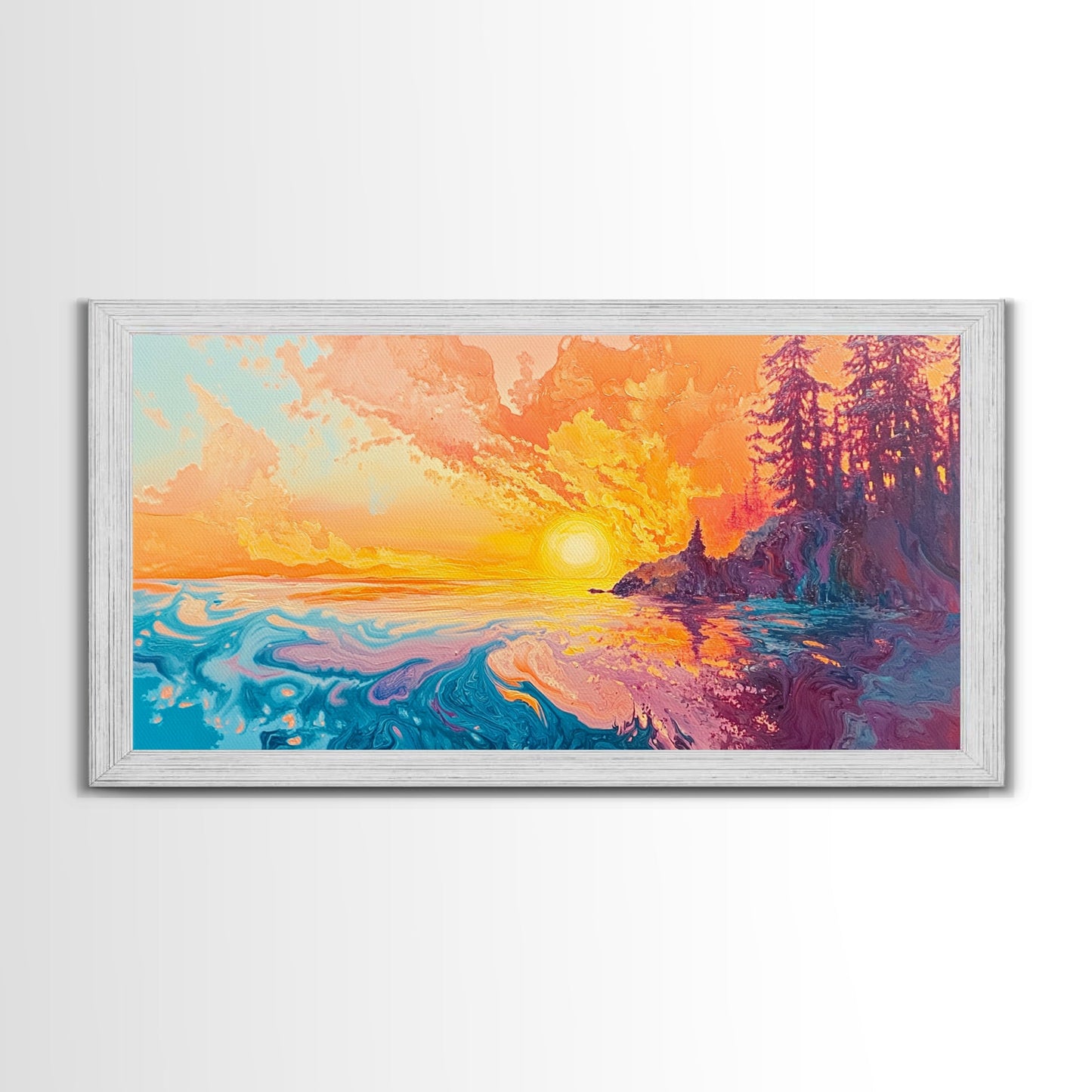 Feuriger Sonnenuntergang, Stimmungsvolle Kunst, Kunst vom Lake Tahoe, Farbenfrohe Landschaft, Wandkunst aus dem Südwesten, Panoramagemälde, Gerahmter Leinwanddruck, Naturkunst