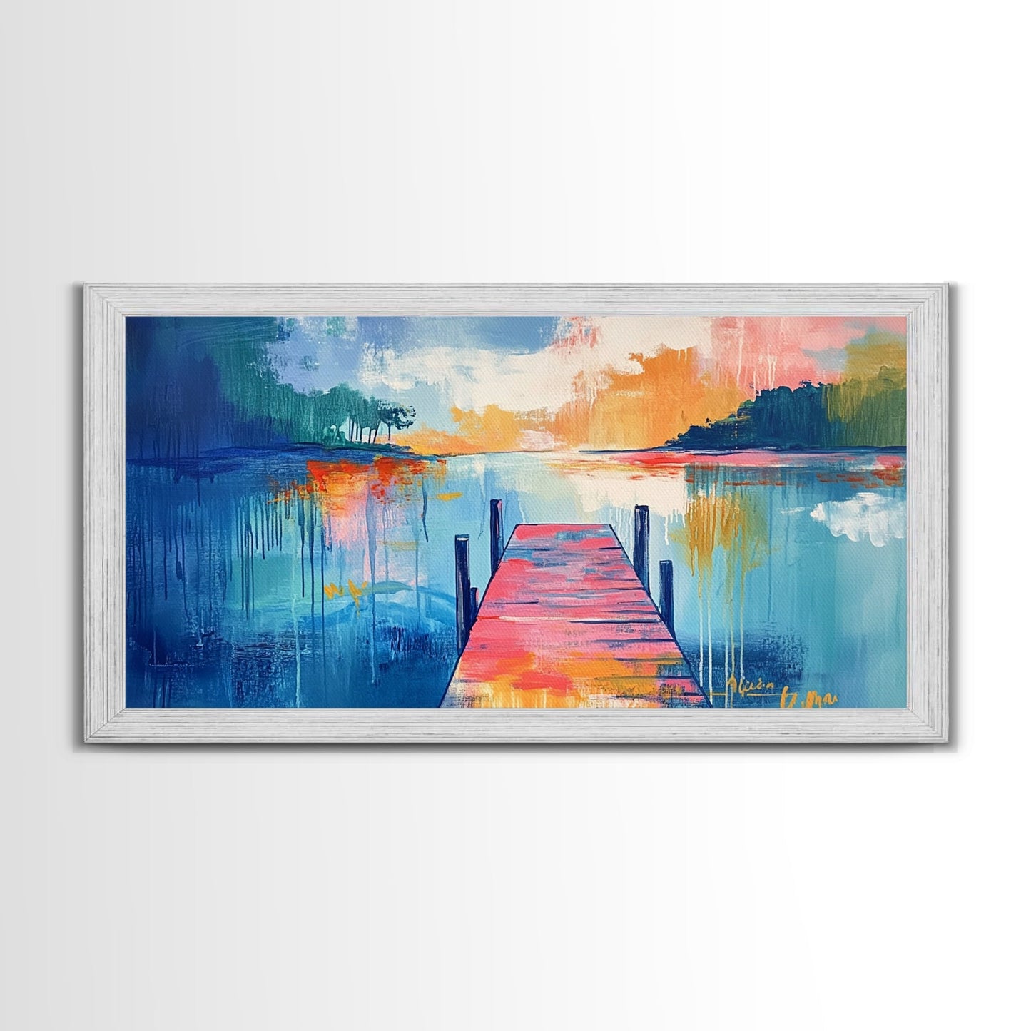 Lake Dock, sunset painting, nautical decor, coastal landscape art, wabi sabi art, extra wide art, rustic decor, Framed Canvas Print