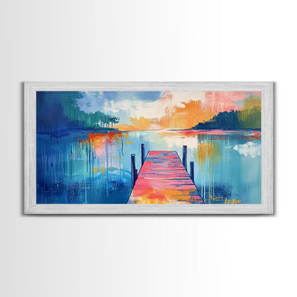 Lake Dock, sunset painting, nautical decor, coastal landscape art, wabi sabi art, extra wide art, rustic decor, Framed Canvas Print