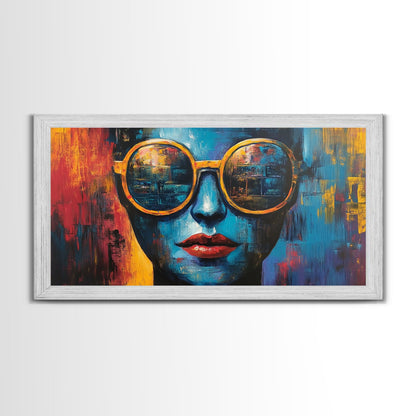 Bold Sunglasses Portrait, graffiti wall art, moody art, chicano art, abstract portrait, pop art decor, gift idea her, Canvas Print