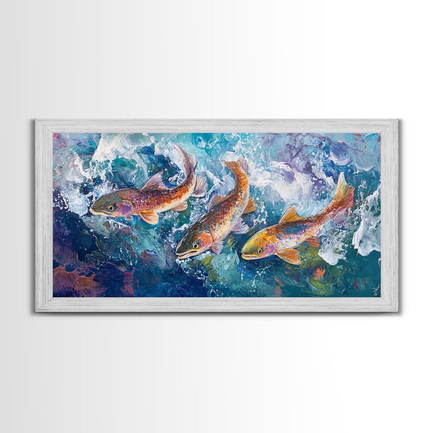 Koi-Fisch-Gemälde, gerahmter Leinwanddruck, Kunst zum Fliegenfischen, Forellenkunst, extra breites Gemälde, farbenfrohes Fischgemälde, Panoramabild
