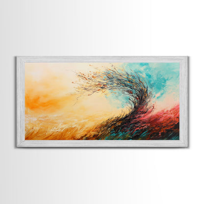 Windiger Herbst, gerahmter Leinwanddruck, Herbstwandbild, abstrakte Landschaft, extra breites Gemälde, Panoramabild, Herbstdekoration