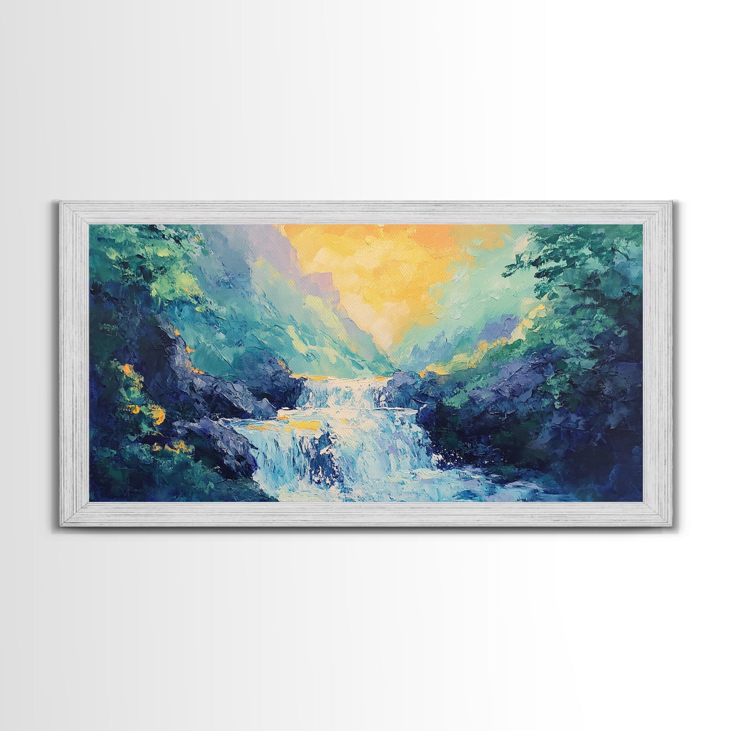 Waterfall Painting, Canvas Print, mountain painting, extra wide painting, nature landscape art, panoramic art, bedroom wall art