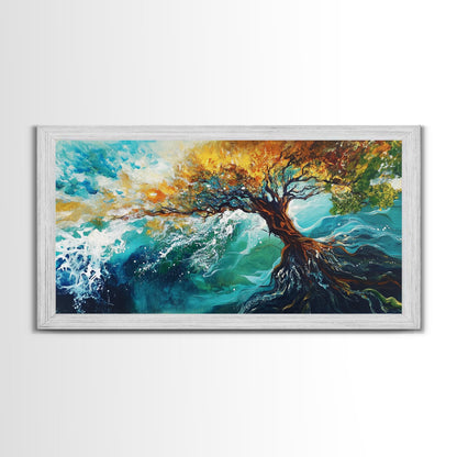 Tree in Waves, Canvas Print, coastal landscape art, wabi sabi art, extra wide painting, ocean painting, panoramic wall art