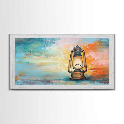 Lantern painting, rustic decor, farmhouse art, boho art, wabi sabi art, warm glow, extra wide art, framed canvas print, moody art