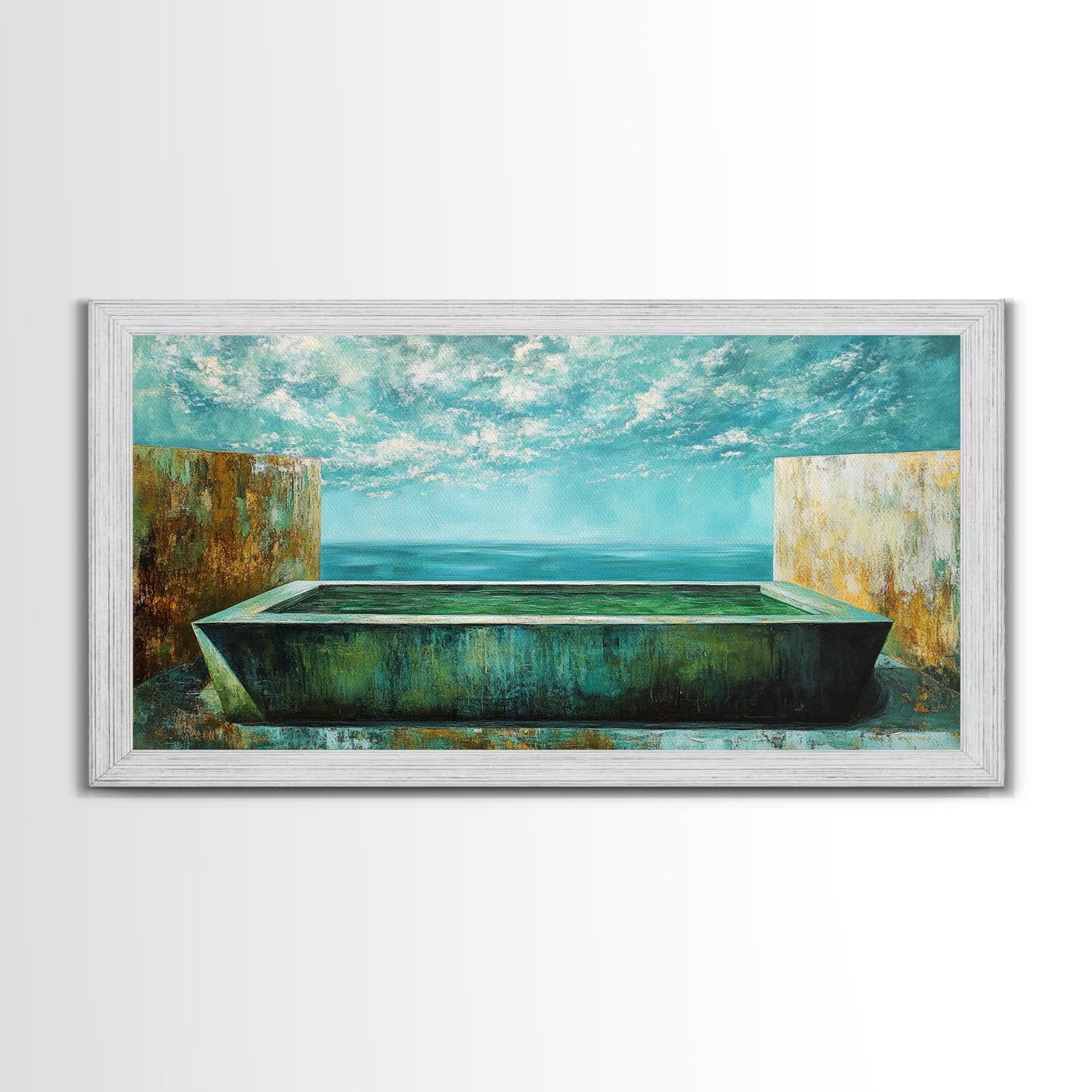 Infinity-Pool, Leinwanddruck, moderne Landschaftskunst, minimalistisches Dekor, extra breites Gemälde, blau-grüne Wandkunst, zeitgenössische Kunst