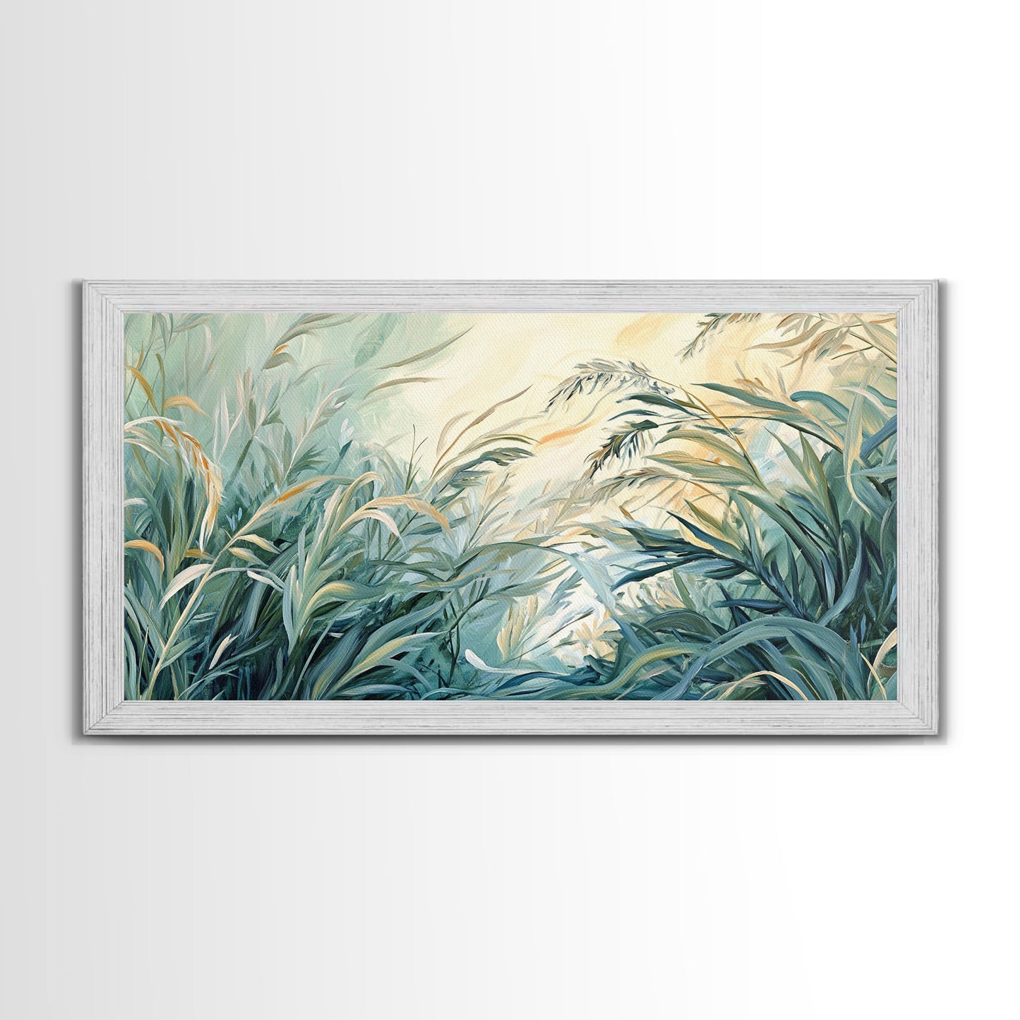 Green grass, warm light, Canvas Print, wabi sabi wall art, sage green wall art, botanical prints, extra wide art, minimalist art
