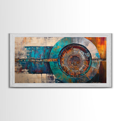 Industrieller Tresorraum, Steampunk-Wandkunst, Mechanische Wandkunst, Extra breite Kunstwerke, Horizontale Wandkunst, Gerahmter Leinwanddruck, Wohnzimmerkunst, Stimmungsvolle Kunst