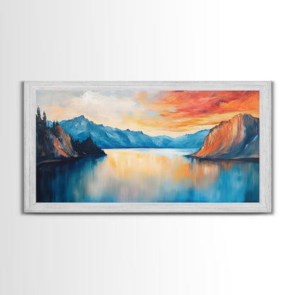 Mountain Lake Painting, Landscape Art, Lake Tahoe Art, Smoky Mountain Art, Rustic Decor, Sunset Wall Art, Extra Wide Art, Framed Canvas Print