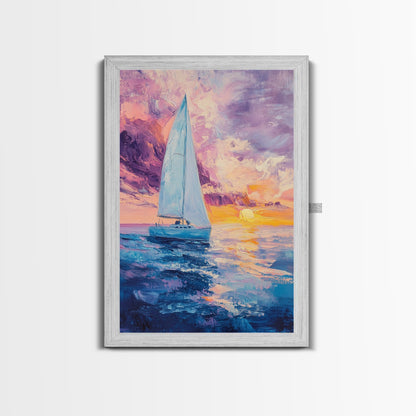 Sailboat Painting, Ocean Sunset Art, Nautical Wall Art, Coastal Landscape, Romantic Seascape, Living Room Art, Canvas Print
