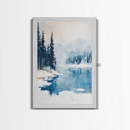 Snowy Mountain Scene, pine tree art, smoky mountain art, landscape painting, framed canvas print, rustic wall art, above sofa art