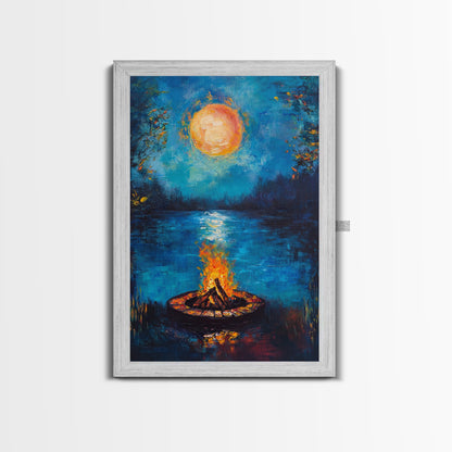 Campfire, Moonlight, Reflection, Framed Canvas Print, landscape painting, moody art, rustic wall art, blue and green wall art, bedroom art