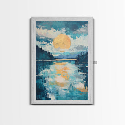 Moon Oil Painting, Smoky Mountain Art, Wabi Sabi Wall Art, Framed Canvas Print, Moody Art, Blue and Green Wall Art, Above Sofa Art