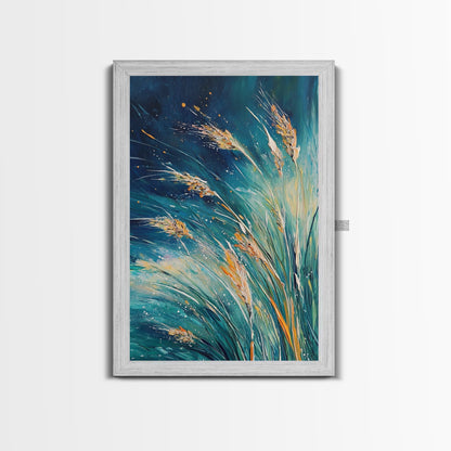 Wheat Fields Framed Canvas Print Rustic Farmhouse Wall Art, Deep Blue Abstract Painting, Autumn Home Decor, Cozy Country Living