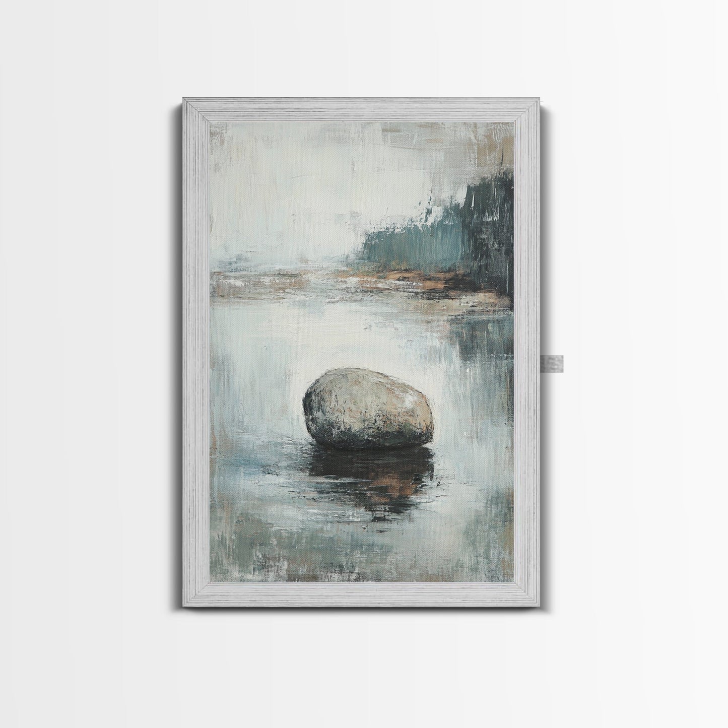 Serene River Rock Canvas Print Nature Inspired Wall Art, Minimalist Landscape Painting, Zen Decor, Neutral Tones, Living Room Artwork
