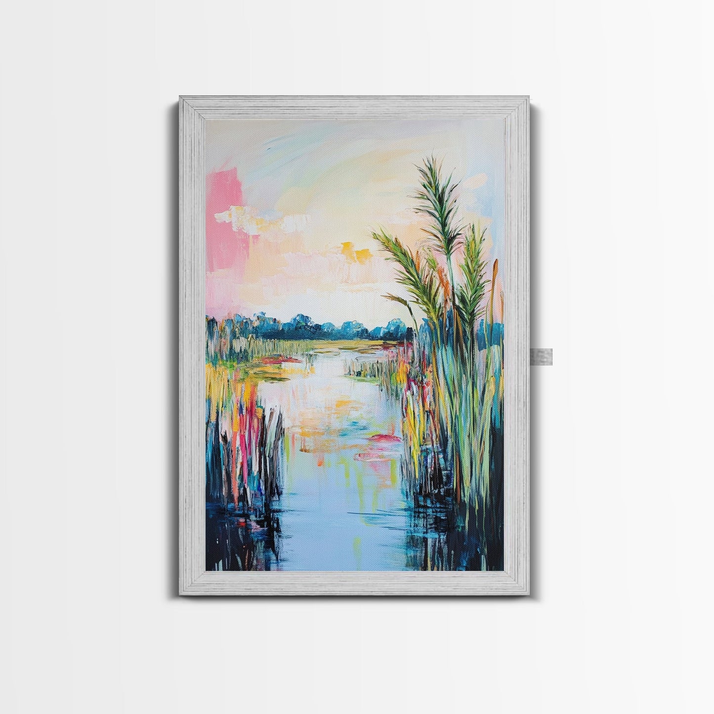 Lakeside Serenity Framed Canvas Print | Nature Landscape Painting | Peaceful Water Reflection Art | Boho Wall Decor | Pastel Colors