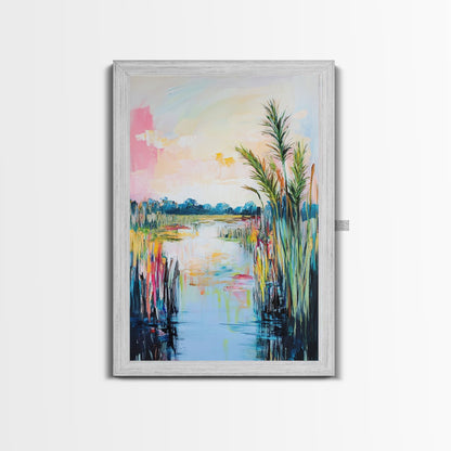 Lakeside Serenity Framed Canvas Print | Nature Landscape Painting | Peaceful Water Reflection Art | Boho Wall Decor | Pastel Colors