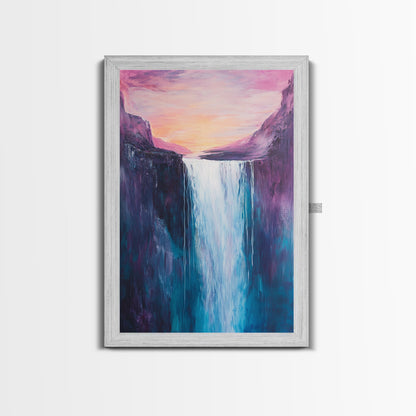 Waterfall Sunset, Moody Art, Mountain Painting, Landscape Painting, Pink Orange Wall Art, Above Couch Art, Canvas Print