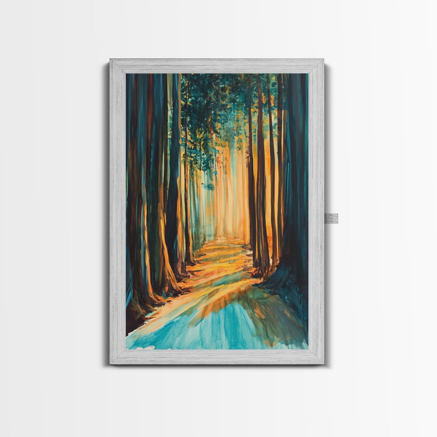 Golden Forest, moody art, pine tree art, wabi sabi wall art, landscape painting, rustic decor, Framed Canvas Print, autumn decor