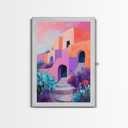 Desert House, Southwest Art, Colorful Adobe Painting, Boho Wall Art, Pink Orange Wall Art, Living Room Art, Framed Canvas Print