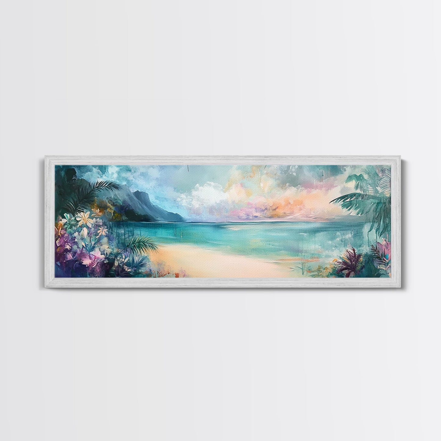 Tropical Beach Paradise Framed Canvas Print, Vibrant Ocean Wall Art, Hawaii Sunset Painting, Coastal Living Room Decor, Relaxing Art