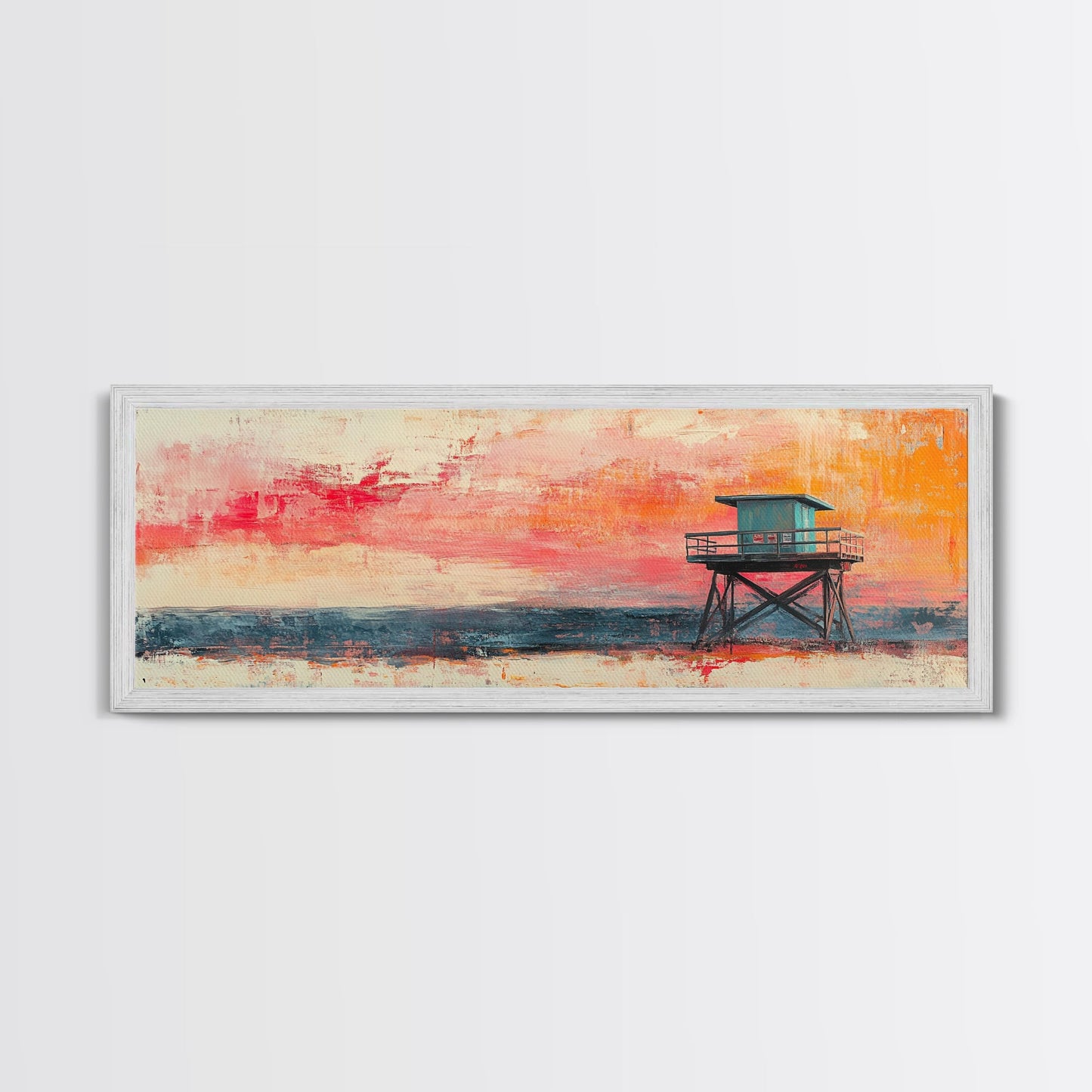 Lifeguard Tower Beach Art, Vibrant Coastal Sunset Painting, Colorful Ocean Wall Decor, Modern Beach House Art, Living Room Wall Art