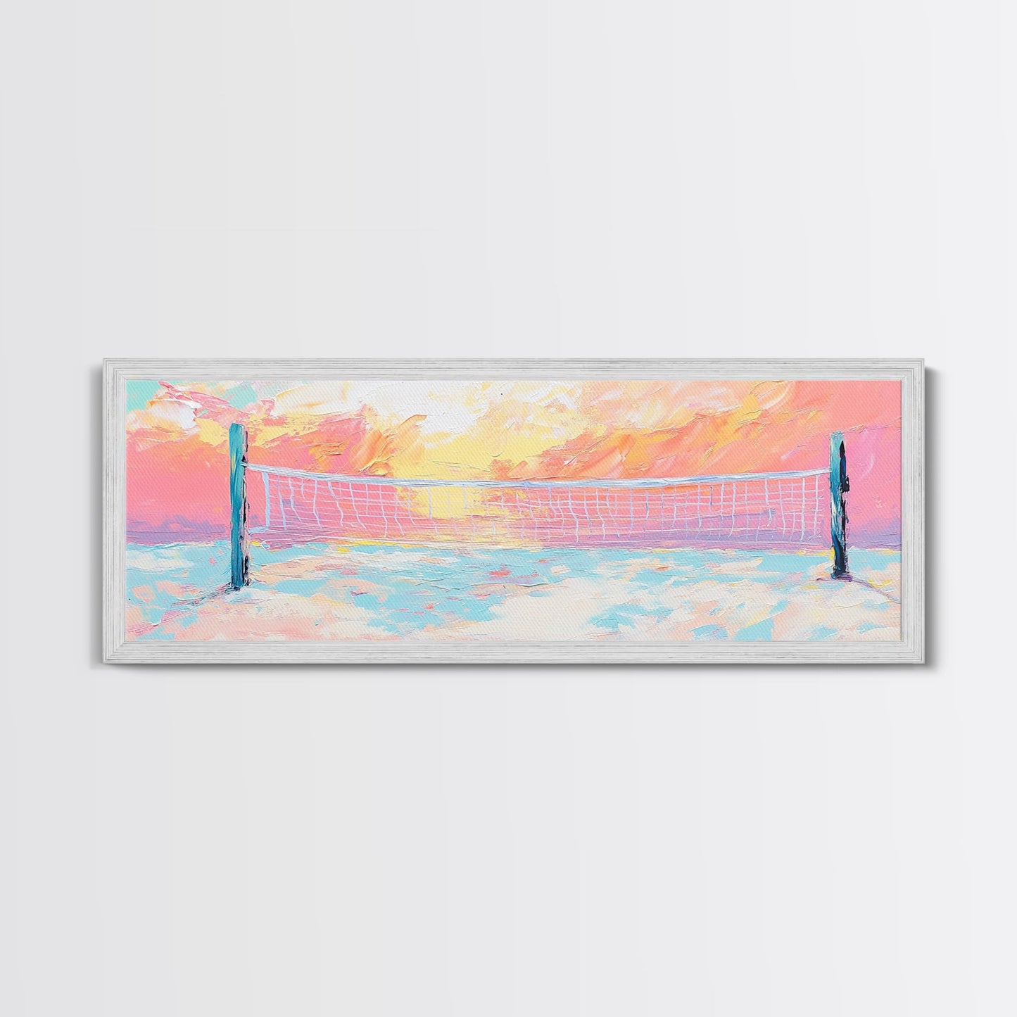 Sunset Beach Volleyball Painting, Pastel Ocean Sports Art, Fun Summer Wall Decor, Playful Living Room, Framed Canvas Print