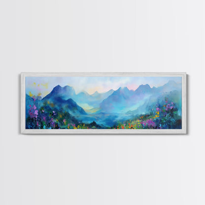 Alpine Sunrise Framed Canvas Print - Misty Mountain Wall Art, Nature Landscape Painting, Warm Toned Home Decor, Living Room Accent