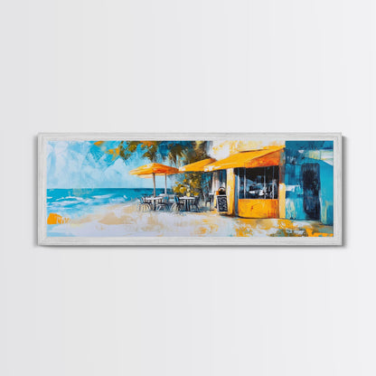 Beachfront Café Painting, Rustic Coastal Restaurant Art, Vibrant Nautical Wall Decor, Warm and Inviting Kitchen, Canvas Print