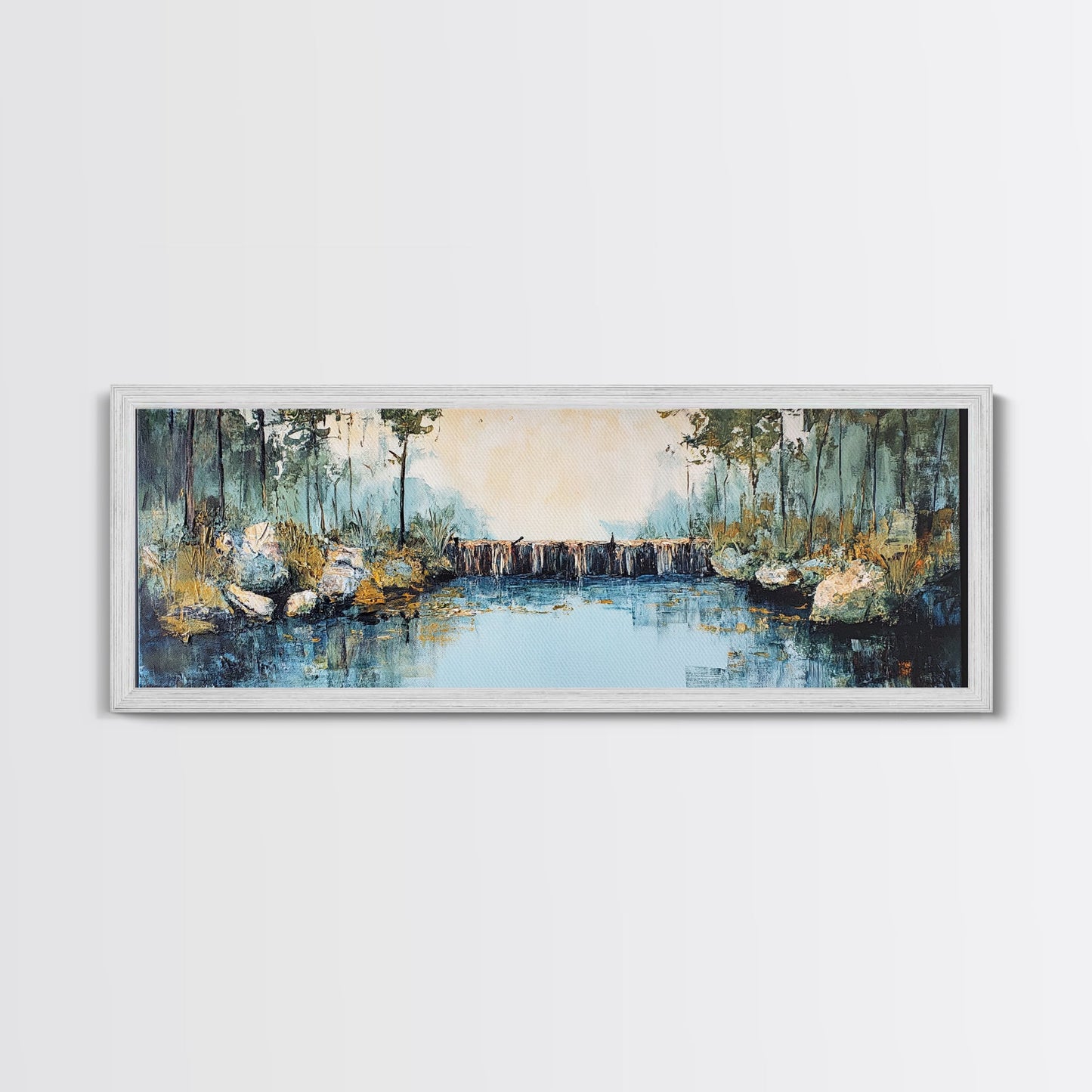 Tranquil River Framed Canvas Print Nature Landscape Art Rustic Cabin Decor Serene Waterfall Painting Lodge Wall Art Autumn Forest Scene