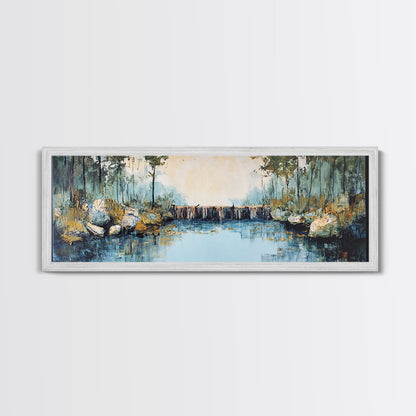 Tranquil River Framed Canvas Print Nature Landscape Art Rustic Cabin Decor Serene Waterfall Painting Lodge Wall Art Autumn Forest Scene