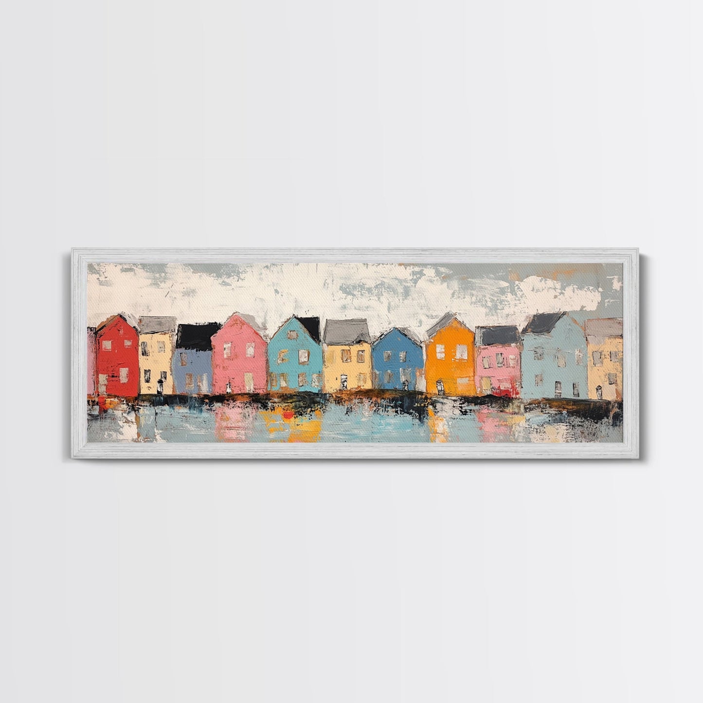 Coastal Village Houses Framed Canvas Print Colorful Seaside Town Painting Rustic Home Wall Art Nautical Decor Large Wall Art