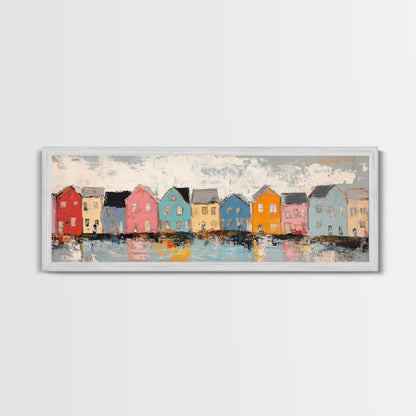 Coastal Village Houses Framed Canvas Print Colorful Seaside Town Painting Rustic Home Wall Art Nautical Decor Large Wall Art