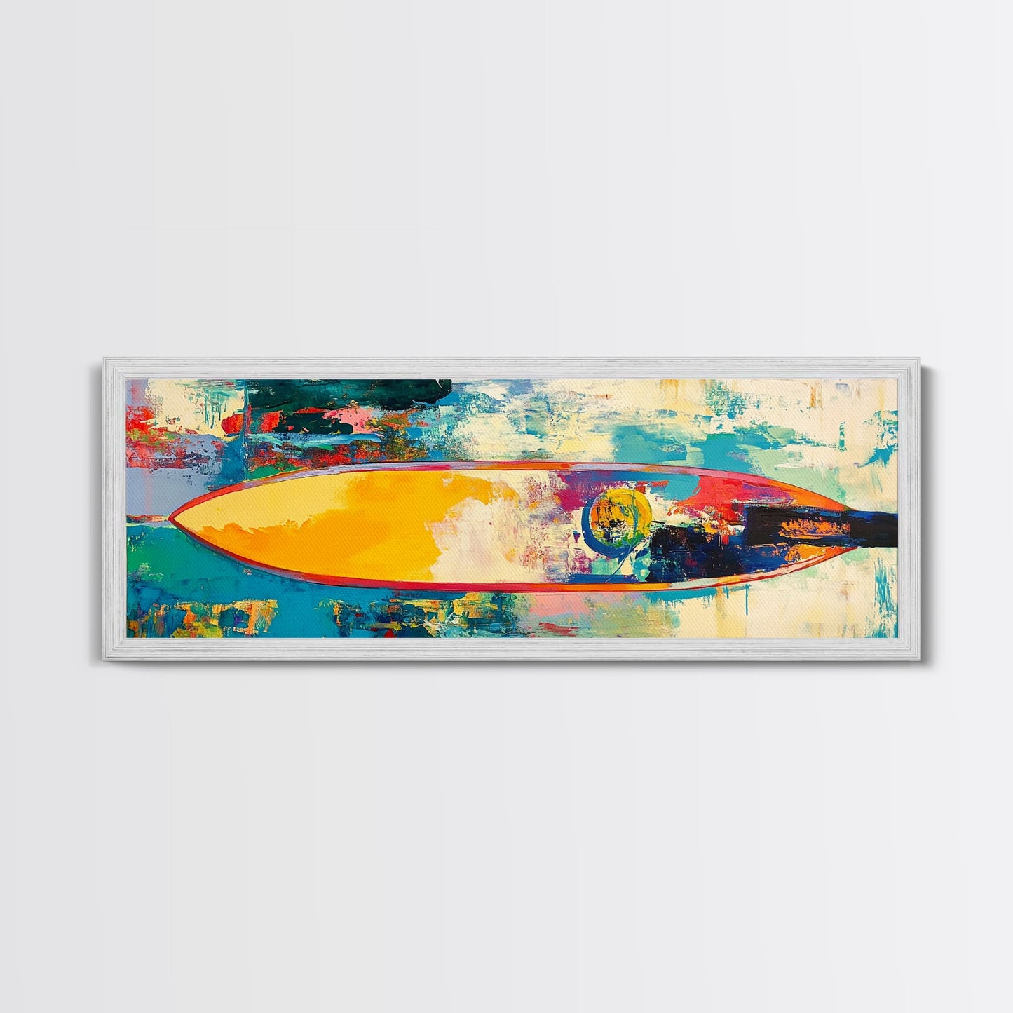 Abstract Surfboard Framed Canvas Print Coastal Beach House Wall Art, Vibrant Surfing Decor, Colorful Ocean Painting, Modern Boho Art