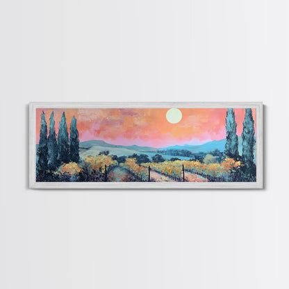 Tuscany Vineyard Painting Sunset Landscape Wall Art Rustic Countryside Decor Warm Autumn Aesthetic Dining Room