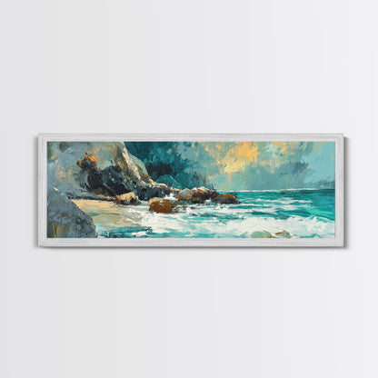 Ocean Cliffside Painting Coastal Rocky Beach Wall Art Dramatic Seascape Artwork Nautical Home Decor Dining Room