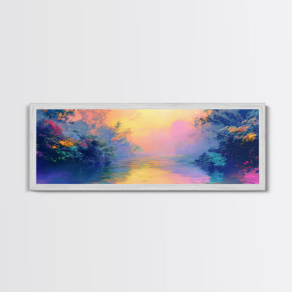 Vibrant Sunset River Framed Canvas Print, Colorful Nature Art, Dreamy Landscape Painting, Living Room Wall Art, Boho Sunset Decor
