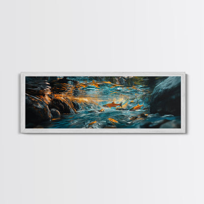 Vibrant Underwater River Scene Framed Canvas Print, Nature Wall Art, Rustic Cabin Decor, Wildlife Painting, Living Room Art
