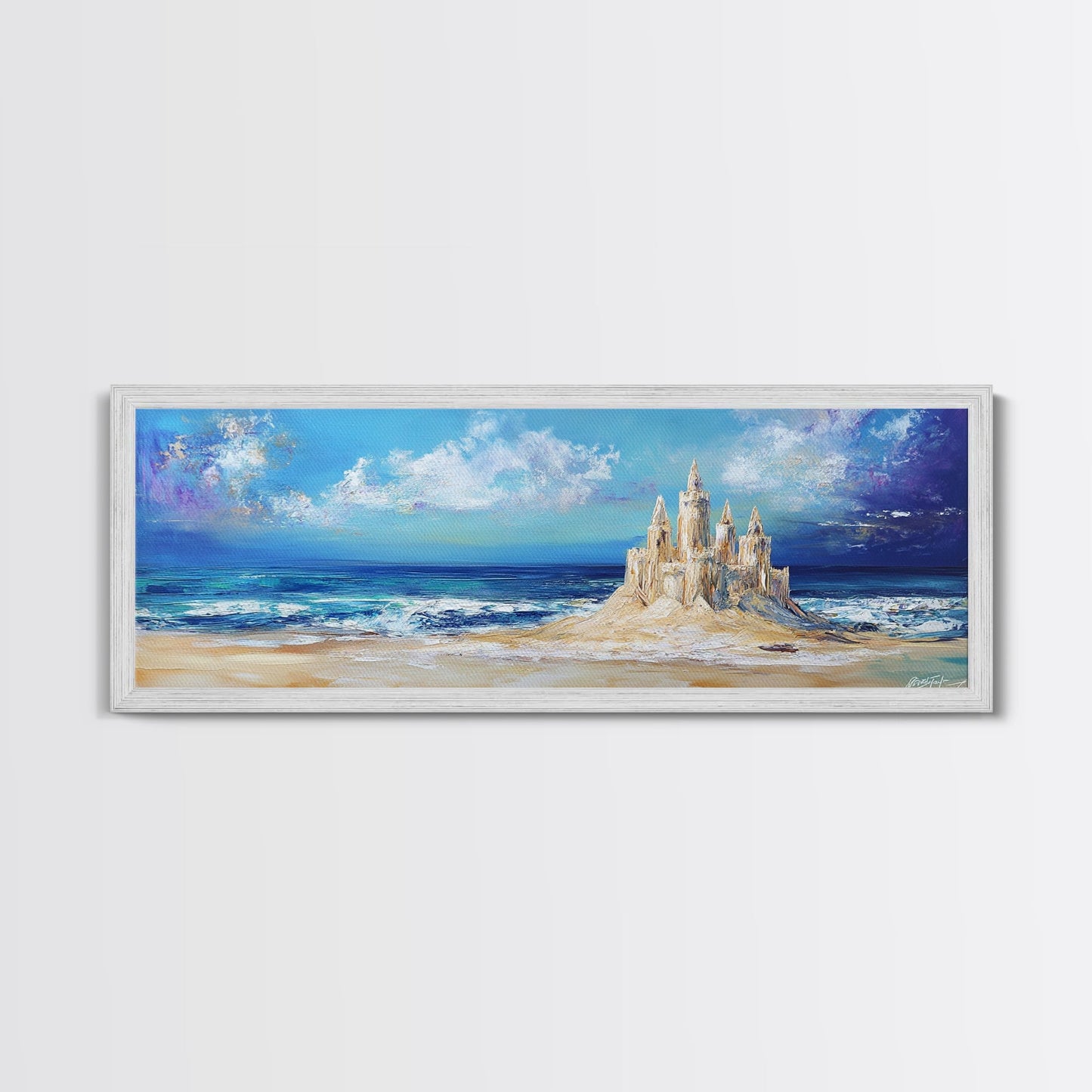 Fantasy Sandcastle Seascape Framed Canvas Print, Beach House Wall Art, Nautical Painting, Whimsical Ocean Scene, Kids Room Decor