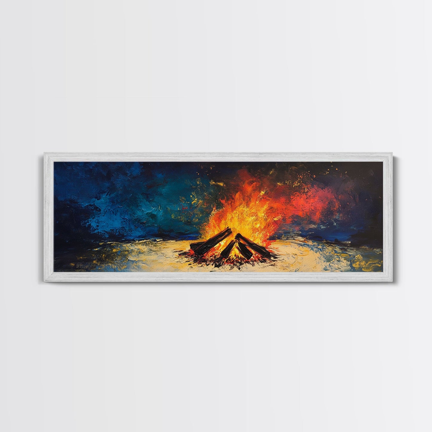 Fiery Campfire Night Canvas Print Rustic Outdoor Wall Art Cozy Bonfire Painting Autumn Cabin Decor Warm Wilderness Gift