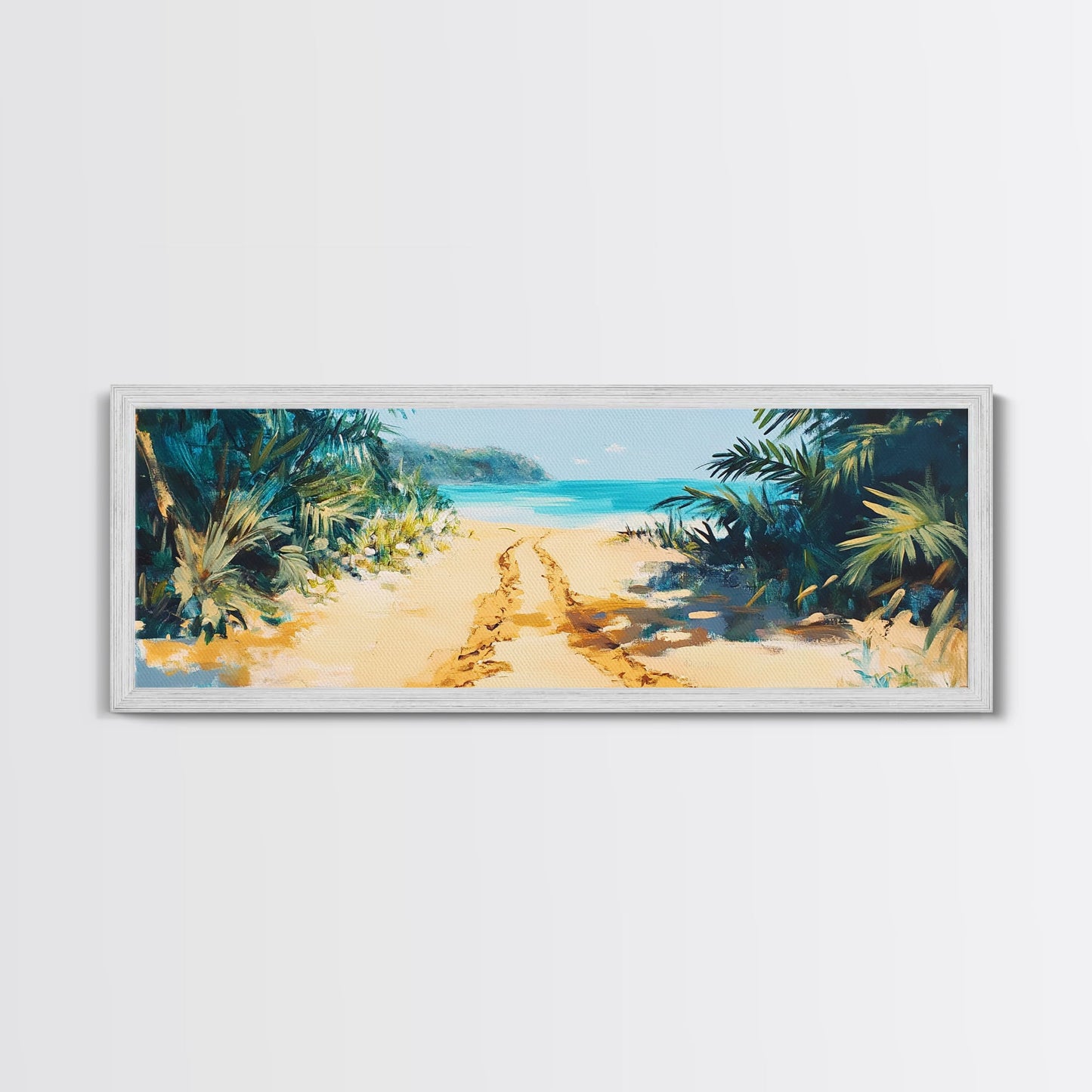 Tropical Beach Path, Palm Tree Art, Ocean Painting, Coastal Wall Decor, Relaxing Retreat Art, Home Print, Framed Canvas Print