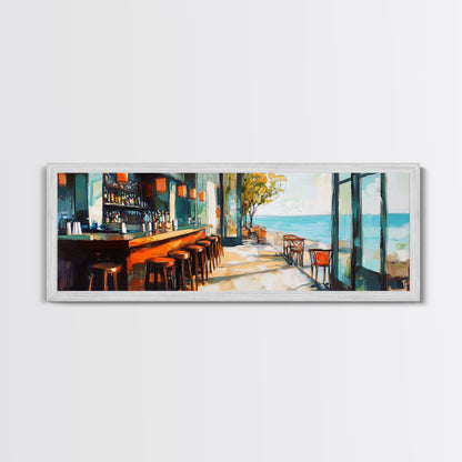 Coastal Beach Bar Framed Canvas Print Modern Seaside Cafe Painting, Coastal Kitchen Wall Art, Tropical Decor, Ocean View Artwork