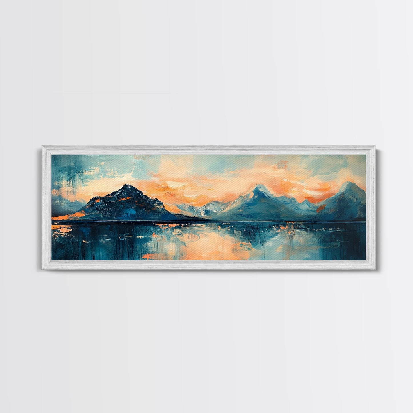 Mountain Reflections at Sunset Wall Art, Abstract Landscape Painting, Blue and Orange Artwork, Statement Piece, Office