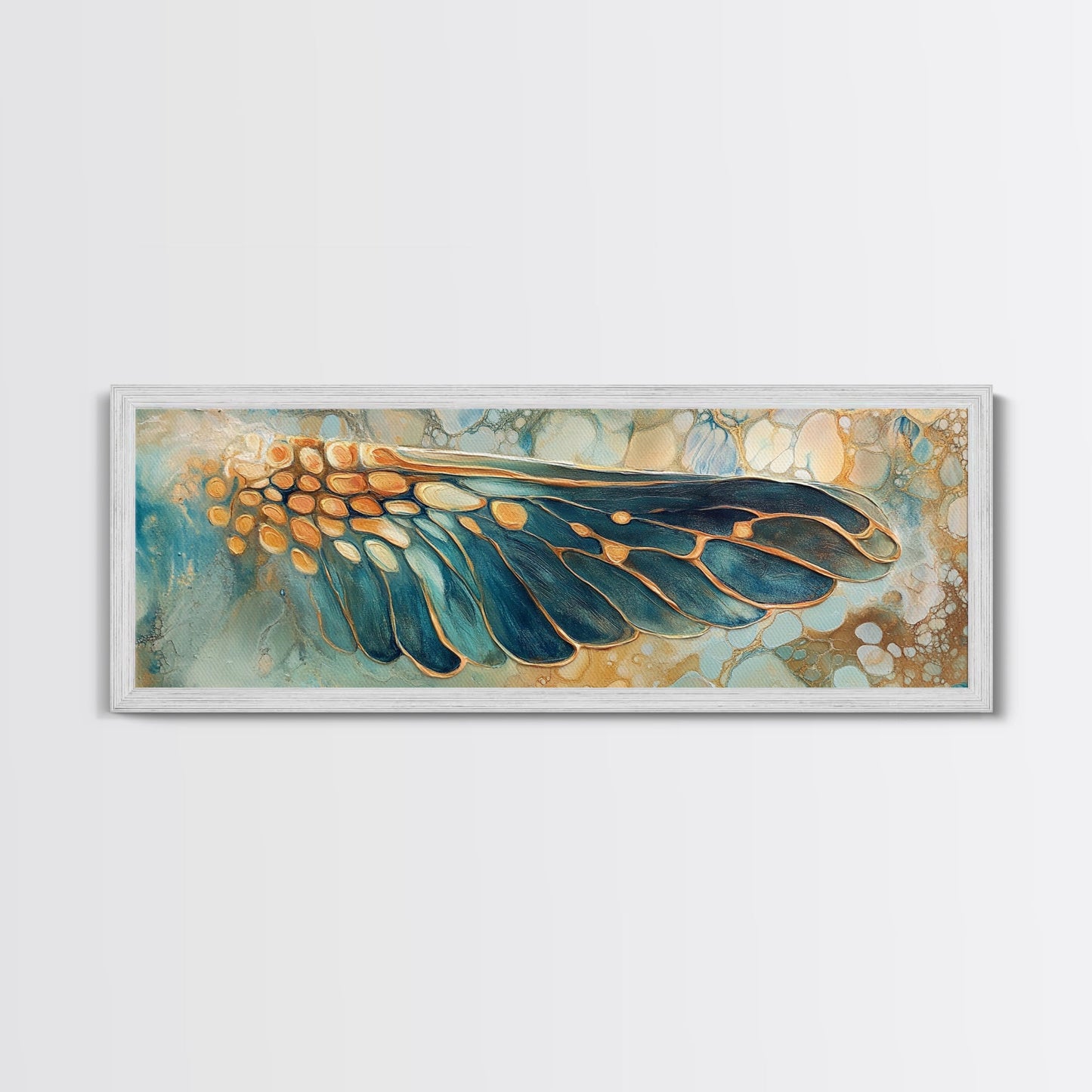 Elegant Butterfly Wing Abstract Art, Blue and Gold Nature Painting, Modern Minimalist Artwork, Bedroom or Office Wall Decor
