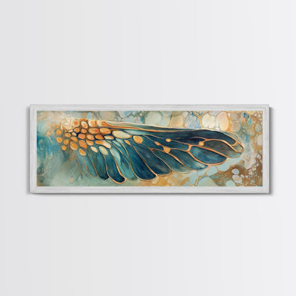 Elegant Butterfly Wing Abstract Art, Blue and Gold Nature Painting, Modern Minimalist Artwork, Bedroom or Office Wall Decor