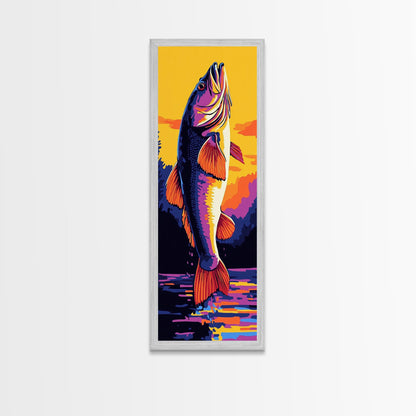 Jumping Fish, Bass Fishing Art, Vibrant Lake Scene, Bold Outdoor Wall Decor, Cabin Aesthetic, Nature Lover Gift, Framed Canvas Print
