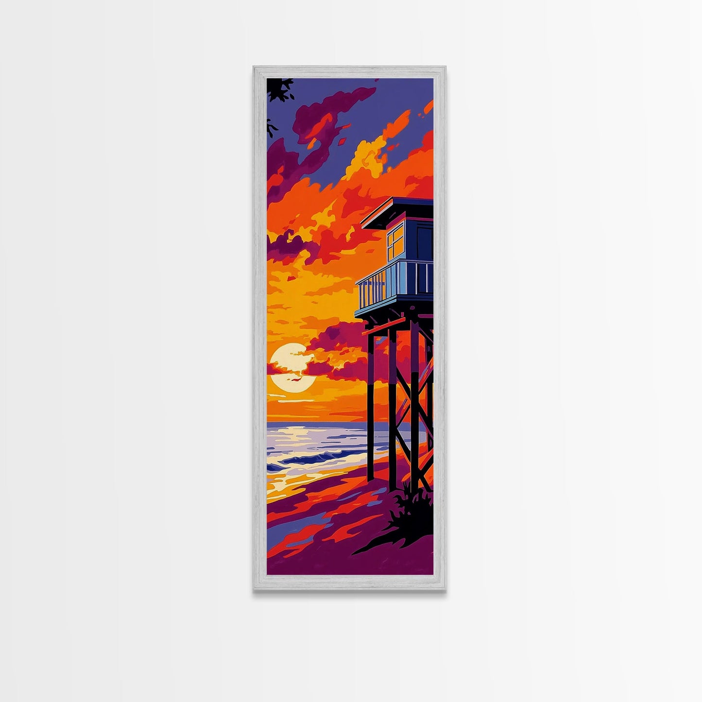 Lifeguard Tower, Ocean Sunset, Beach House Art, Framed Canvas Print, Coastal Wall Decor, Vibrant Seascape Painting, Nautical Decor