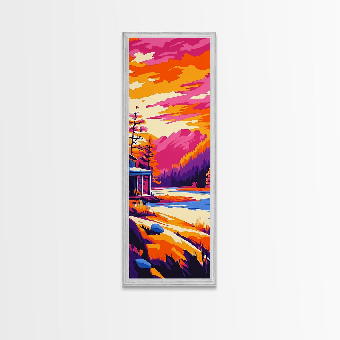 Sonnenuntergangsszene mit Hütte, gerahmter Leinwanddruck, lebendige Berglandschaft, Seelandschaft, gemütliche Hüttendekoration, Naturnahe Wohndekoration, rustikale Wandkunst